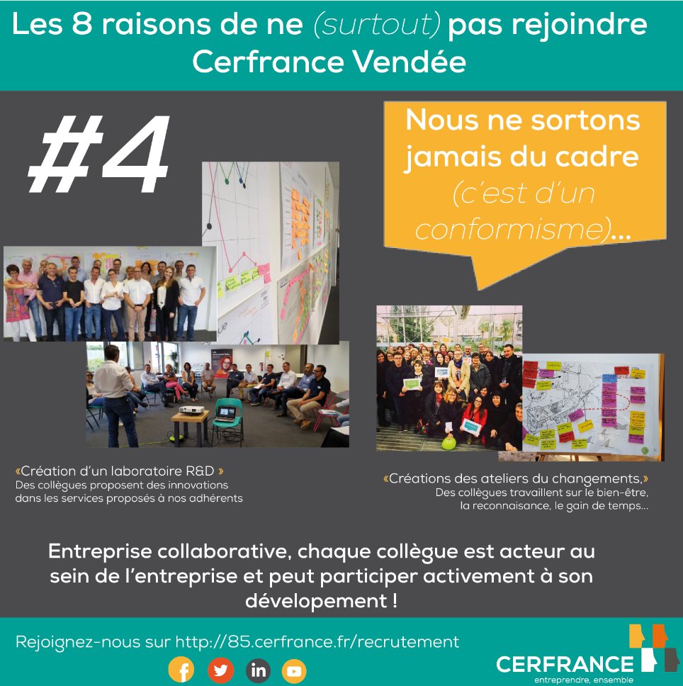 Cerfrance85's tweet photo. Les 8 raisons de ne pas rejoindre Cerfrance : Cerfrance Vendée est une entreprise collaborative, chaque collègue est acteur et peut participer activement à son développement ! N'hésitez pas, on recrute !🚀

L'aventure commence ici : https://t.co/Zi51XEVIbZ 👍 #Recrutement #Vendée https://t.co/wwKtaZ47Rx