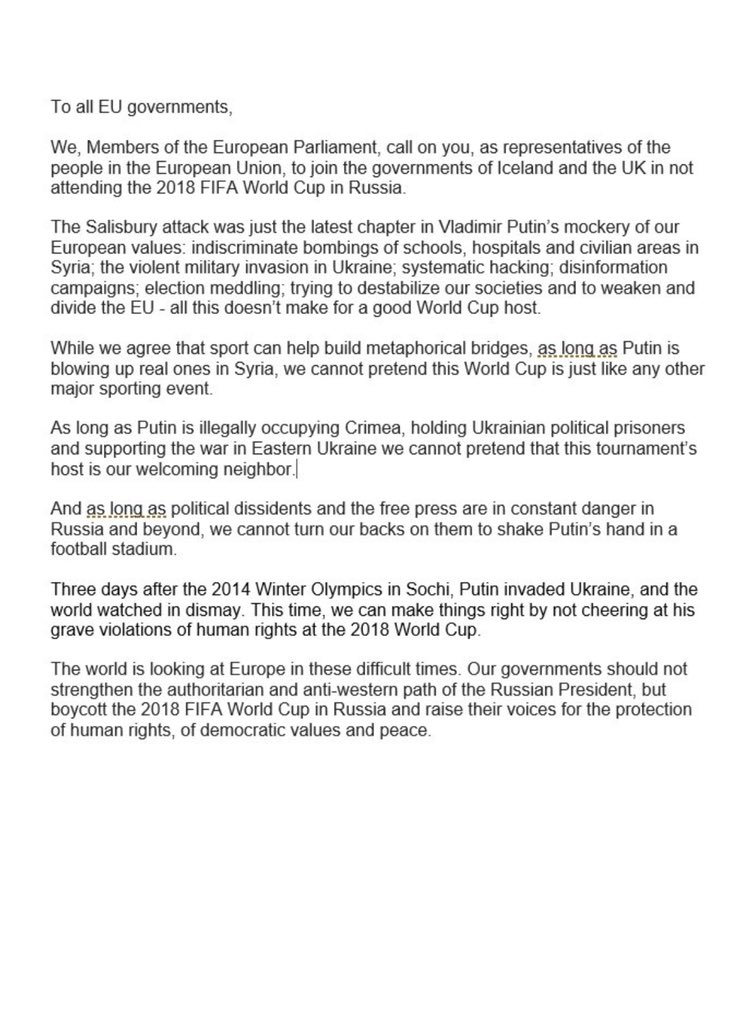 46 European Parliament members call on #EU governments to boycott #WorldCup2018 in #Russia over 🇷🇺 aggression in #Ukraine, #Crimea occupation, #SalisburyAttack & bombing of schools,hospitals & civilian areas in #Syria!
#Boycott_Russia2018