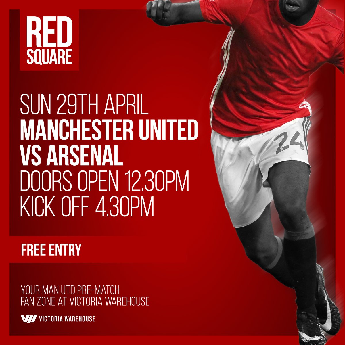 RedSquareMUFC's tweet image. We're BACK by popular demand, going back to our roots and opening up Red Square just for the @ManUtd vs @Arsenal game @VicWarehouse. 

FREE Entry! 
Doors Open 12.30pm 
Kick Off 4.30pm #mufc #ManchesterUnited 👏👏👏
