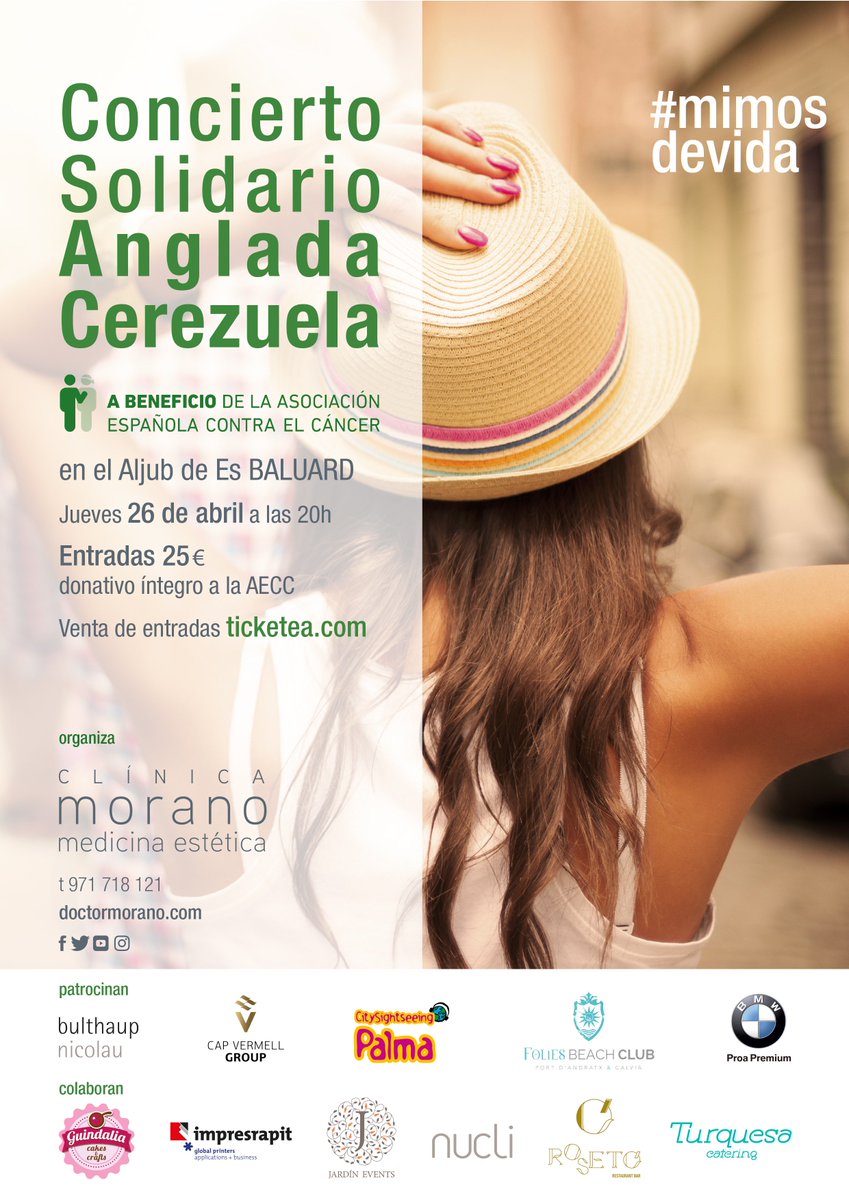 Orgullosos de colaborar en el CONCIERTO SOLIDARIO ANGLADA CEREZUELA <a href="/Cerezuelanglada/">Anglada Cerezuela</a>  a beneficio de la AECC organizado por la <a href="/ClinicaDrMorano/">Clínica Morano</a> 

26 de abril a las 20 horas en @EsBaluard

Entradas (25€): bit.ly/2v7SZ9m (donativo íntegro a la AECC)

#mimosdevida
