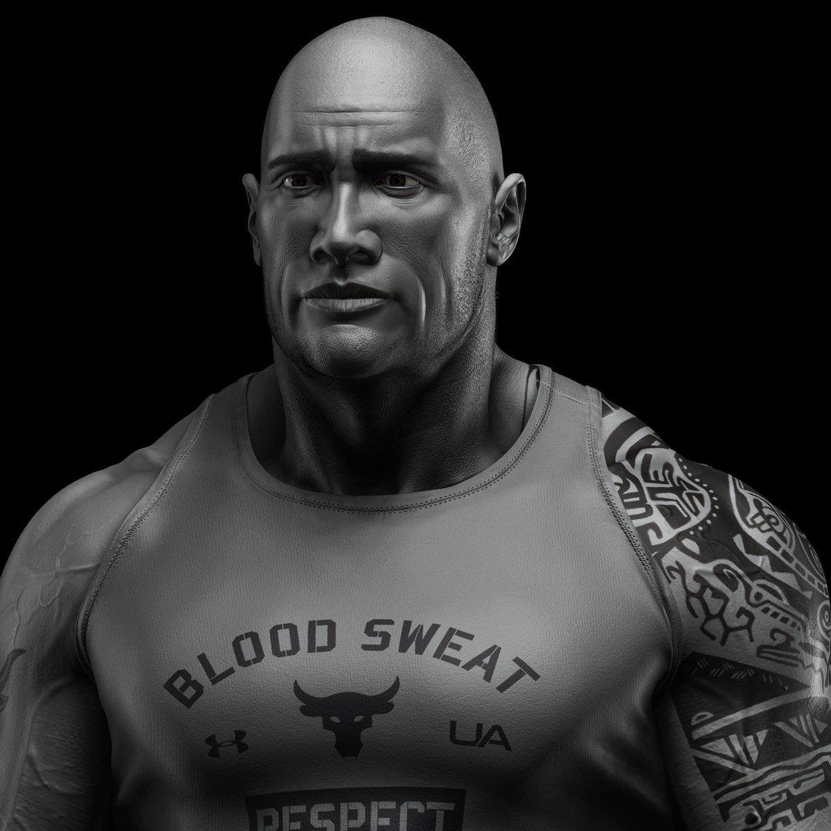 DominicJPugh's tweet photo. Just finished a sculpt of @TheRock . The man is a motivational machine for physical fitness and mental wellbeing. Thanks for being our beacon in the dark. Now that the sculpt is finished I’m going to go see @rampagethemovie and enjoy the sun. #zbrush2018 #zbrush #3DModeling #3D https://t.co/BTBvKunpIH