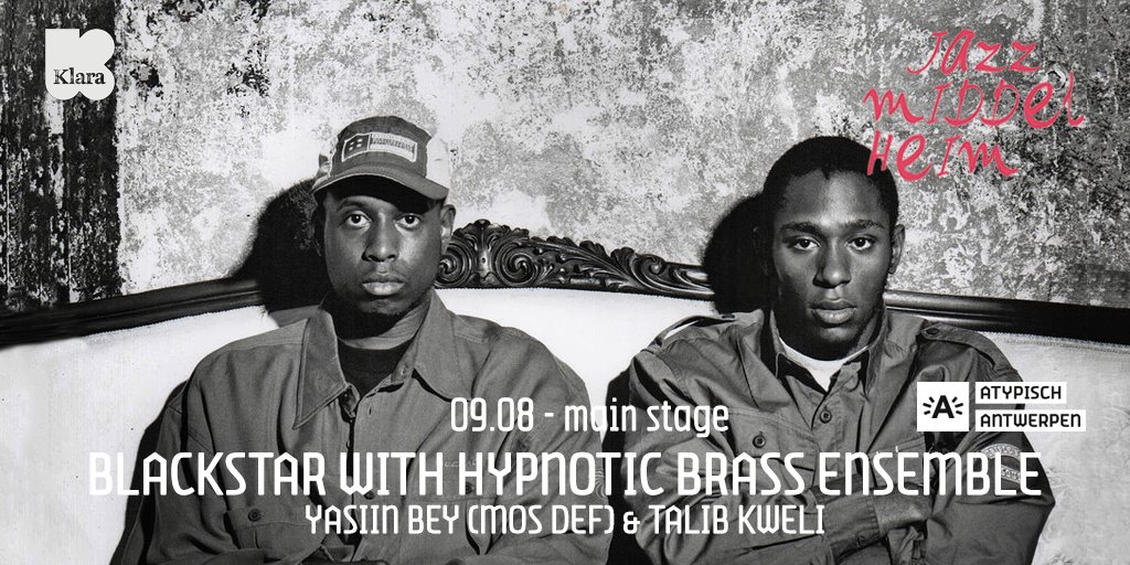 NIEUWE NAMEN! Black Star with Hypnotic Brass Ensemble. Ofte titanen van de hiop hop Yasiin Bey (Mos Def) &amp; Talib Kweli.

Koop nu je tickets! Eerste 250 tickets aan €30 (ipv €39): jazzmiddelheim.be

#jazzmiddelheim #blackstar