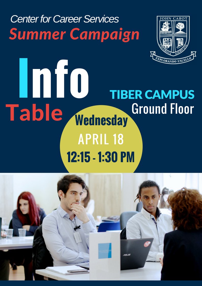 JohnCabotCSC_CE's tweet photo. โน๏ธ #Summer Campaign #InfoTable: #TODAY, 12.15 -1.30 PM, Tiber Ground Floor. If you have questions regarding Summer #internships, come see us there! https://t.co/tJBpiEu7lX
