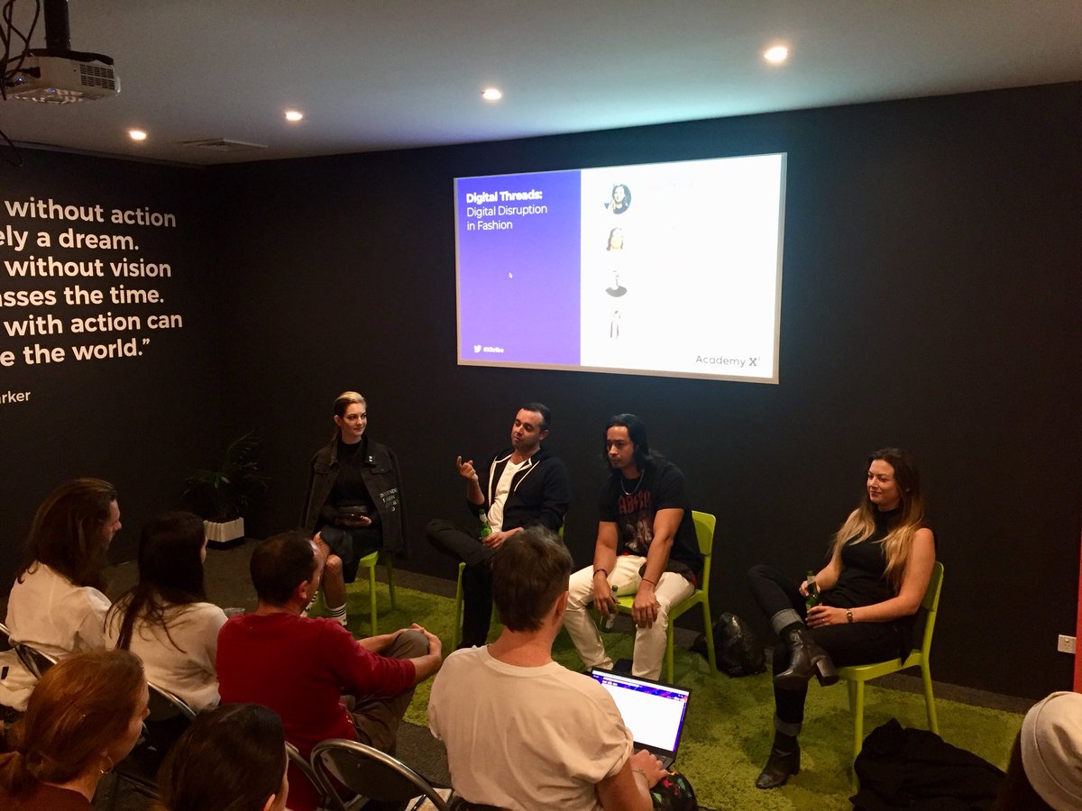hopkinson's tweet photo. Happening right now @academyxi #melbourne Digital Threads: Digital Disruption in Fashion @SaskiaFairfull chatting with Lee Hardham, Marcus Milne, & Gendry Morales #Xitribe https://t.co/1qfFgxFrwP