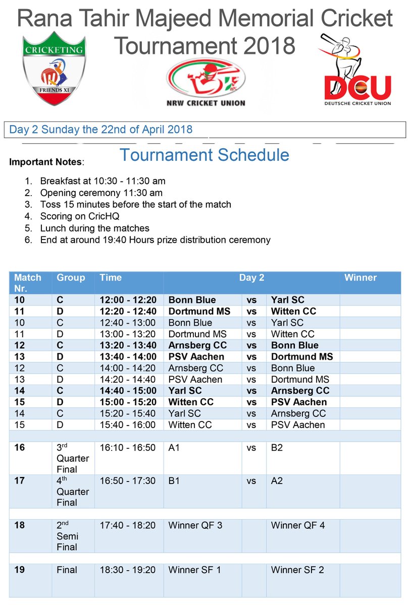 DCricketUnion's tweet photo. Rana Tahir Majeed Memorial Cricket Tournament - 2018 Schedule and Venue details.

#cricket #tournament #tribute #honour #cricketday #NRWCU https://t.co/Z8lByn2EKo