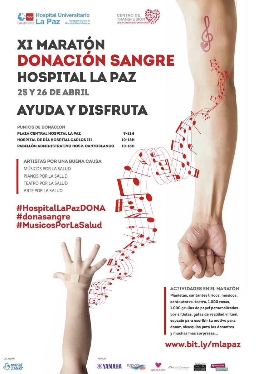 📣 XI Maratón donación de sangre del Hospital Universitario La Paz, #Madrid 🏥💉💪
📆 25 y 26 de abril.

<a href="/Mporlasalud/">Músicos por la Salud</a> colabora organizando multitud de actividades. ¿Te lo vas a perder? ¡AYUDA Y DISFRUTA!

#HospitalLaPazDONA #donasangre #MusicosPorLaSalud