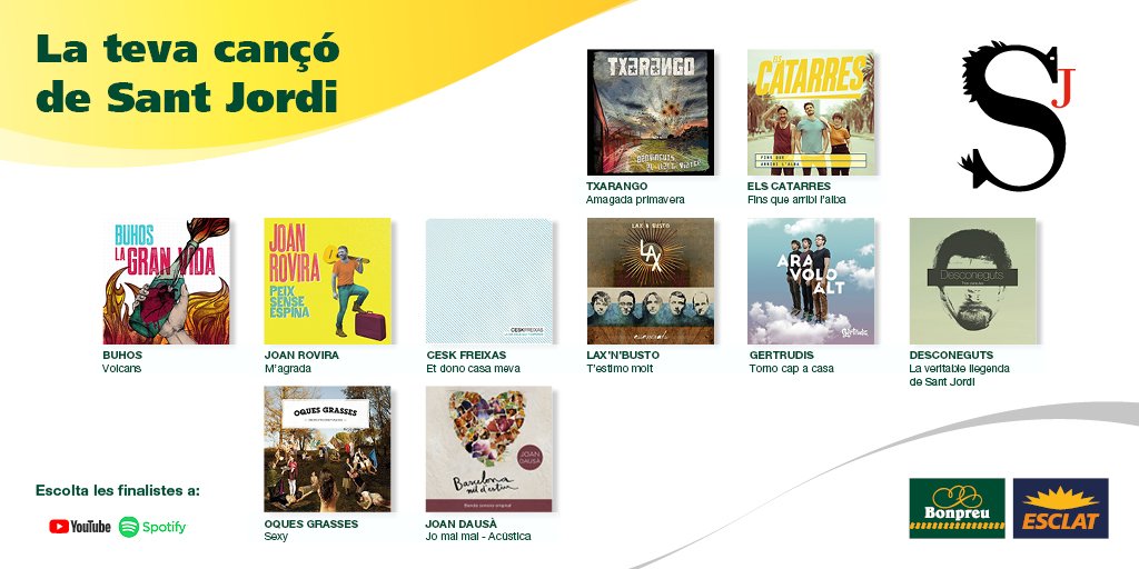 Entre totes aquestes, quina és la teva cançó de Sant Jordi! 🌹📖🎶? Respon amb el títol o artista i les 3 més votades sonaran a tots els nostres establiments durant la Diada de Sant Jordi. Escolta-les a:
Spotify: spoti.fi/2H9Iio4 o  Youtube: bit.ly/2vokk7d
