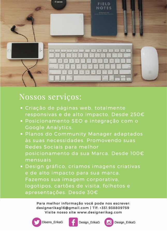 Erika_G79's tweet image. Se procura profissionais para a imagem da sua empresa ou marca, chegou ao lugar certo! 
Oferecemos preços baixos e um excelente serviço!
#packdesignerikag #Webdesign #WordPress #SEO #GraphicDesign #MarketingDigital #CommunityManager #oporto #Lisbon #Madrid #Miami  #RealEstate