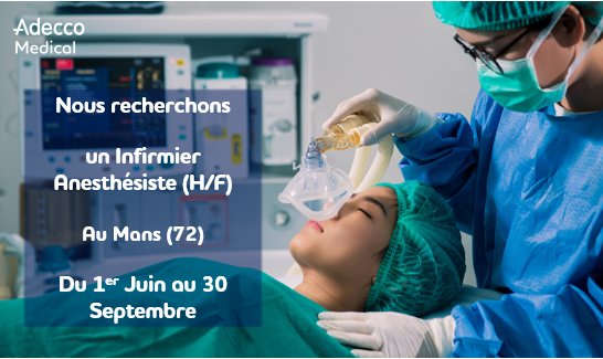 AdeccoMedical's tweet photo. Nous recherchons un #Infirmier #Anesthésiste (H/F) au #Mans (72) en contrat d’#Intérim du 1er Juin au 30 Septembre 2018. Le logement ainsi qu’un déplacement hebdomadaire sont pris en charge. 😁🚙🏠
Retrouvez l’offre sur : https://t.co/llUxmeUd1n https://t.co/MX7ILJgtuF