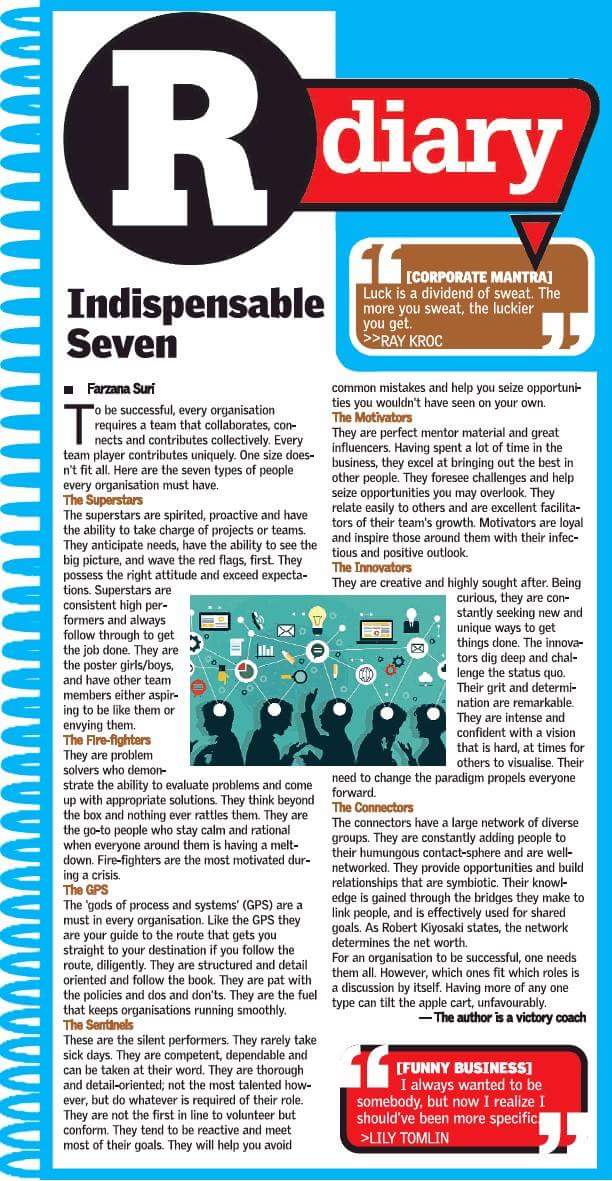 surifarzana2's tweet photo. You need 7 kinds of employees to run a success organisation. 
My thoughts published in @thetimesofindia today.
You don't build a business.
You build people then build the business.
#farzanasurivictorycoach #hr #successfulworkplace
Weaving stories of victory, one soul at a time https://t.co/XTgolUmkOd