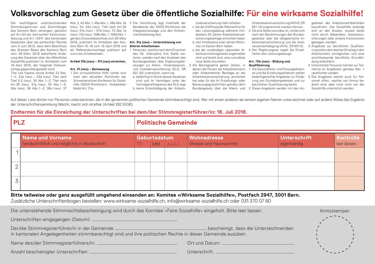 Heute startet die Unterschriftensammlung für den Volksvorschlag Wirksame Sozialhilfe! Alle Infos unter: wirksame-sozialhilfe.ch
#sozialhilfe #wirksamesozialhilfe #volksvorschlag #kantonbern
cc <a href="/UrsulaMarti1/">Ursula Marti</a> <a href="/natalieimboden/">Natalie Imboden</a> <a href="/JanRemund/">Jan Remund</a> <a href="/BeuchatStephane/">Stéphane Beuchat</a> <a href="/Thomasnaef/">Thomas Näf</a> <a href="/barbarastrst/">Barbara Streit-Stettler</a>
