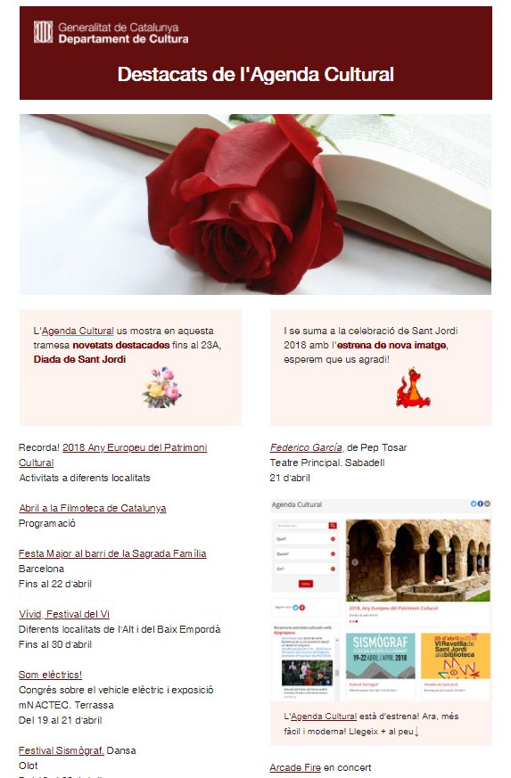 AgendaCultura's tweet photo. Coneixeu la tramesa setmanal de novetats de l'Agenda Cultural? 
👉 https://t.co/LEQw7EzSn3
A més, l'Agenda estrena nova imatge, a veure si us agrada! 🌹
#llibresart #artlibris #SantJordi2018 #llibres #Sismògraf18 #AnydelPatrimoni #VividCostaBrava @omnium #BCNFilmFest2018 🌻 https://t.co/90TRQxYBUl