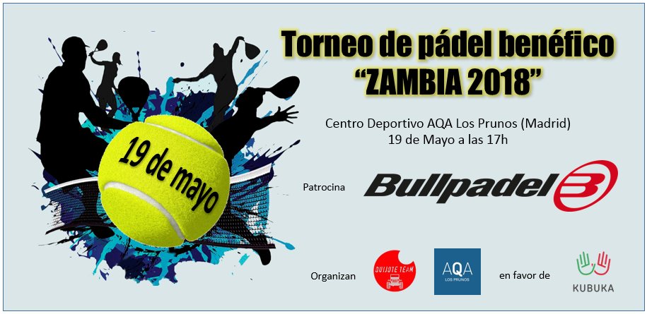 bullpadelsport's tweet photo. ¡¡Os esperamos en el torneo benéfico de "Zambia 2018"!! Estaremos presentes con el Wellcome Pack: (gymsack y bote de bolas Premium-Pro) y los premios (palas, palateros y camisetas). 😍 @QuijoteTeam ¡¡Toda la información!! 👉👉 #BullpadelTeam https://t.co/uXiGi0mDOd https://t.co/E4Z23U0cMX