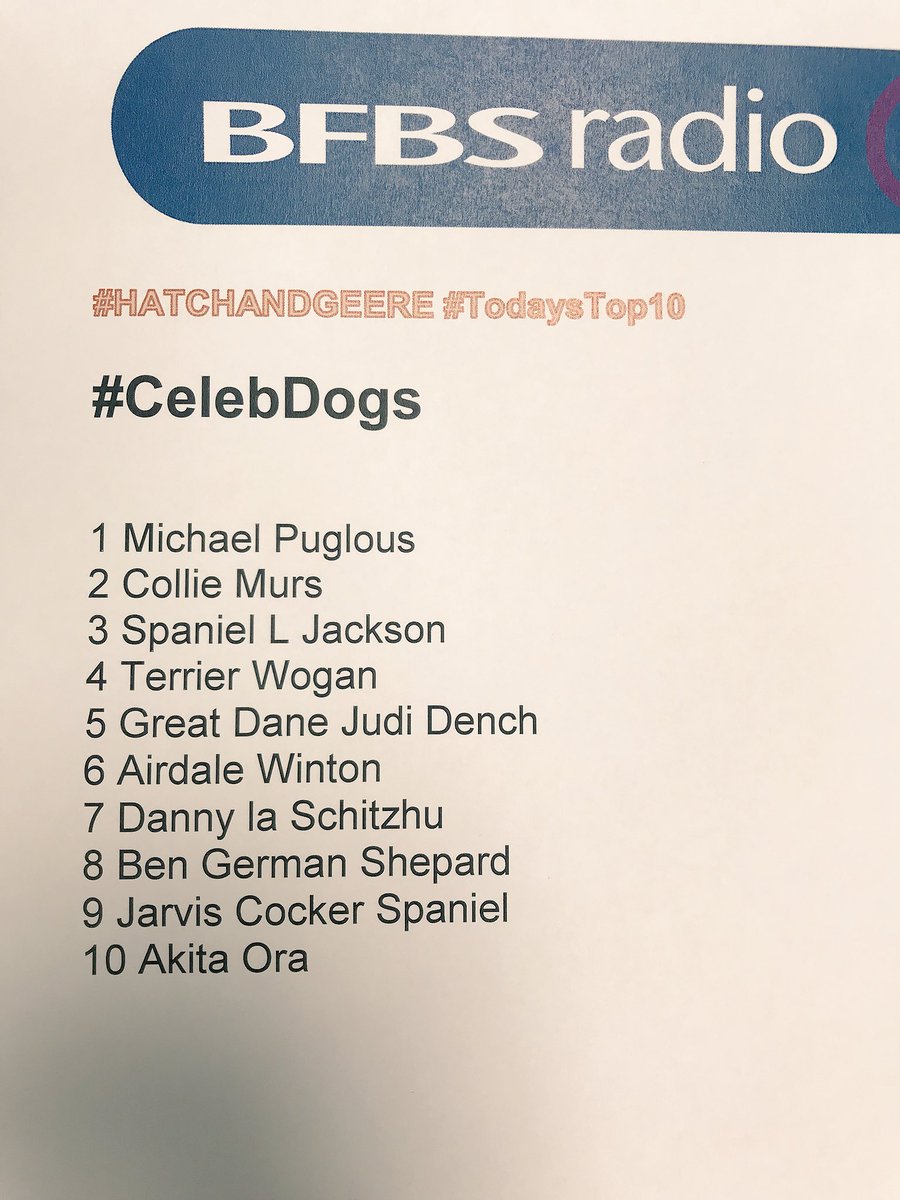 BFBSRadioHQ's tweet photo. Thanks for helping #HatchandGeere @bfbshatch @veritygeere with #TodaysTop10 #celebdogs #dogcelebs #celebritydogs https://t.co/DyIpu72SQX