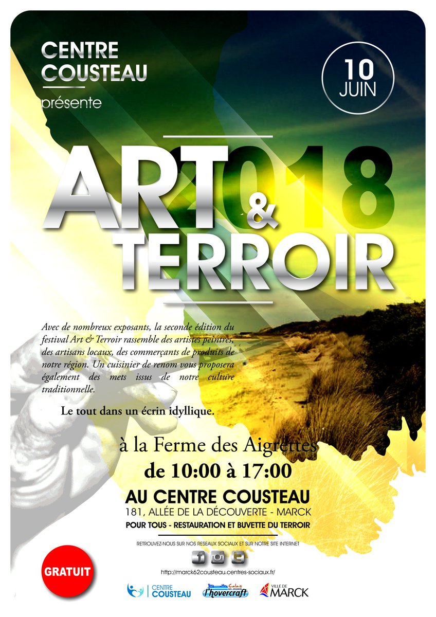 centrecousteau's tweet photo. Le 10 juin ART &amp; TERROIR à @ville_marck @Nordlitt @nordlittoral @EliseCauchin @plusde6 @xdefrance #HautsdeFrance @LesIndesRadios @LaLettrePro #Radio6Live #RADIO6 #pasdecalais #cotedopale @VDNCalais @Nordlitt @nordlittoral @Infos_HDF https://t.co/GXwrKuAK0L