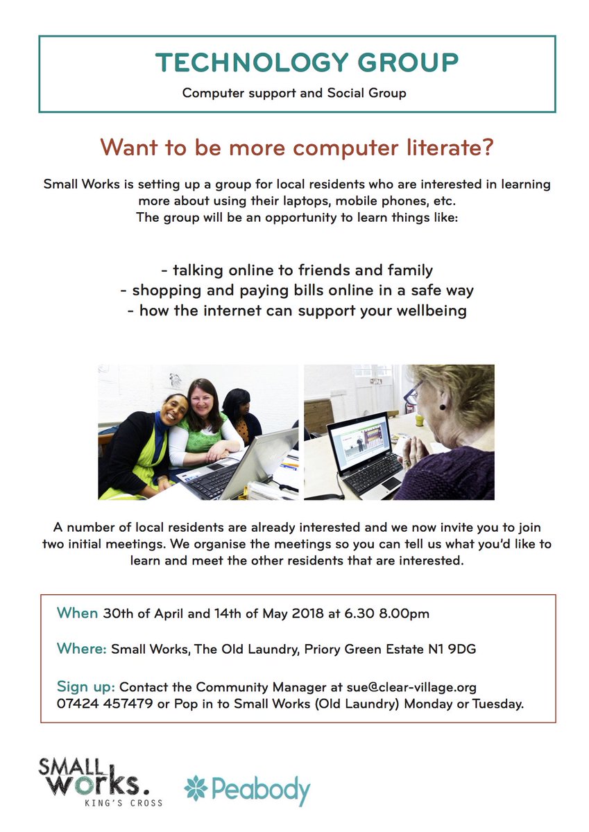 SmallWorks_'s tweet image. We would like to set up a free #technology group to combat exclusion, older people feel around computers and the internet. Join us and tell us what you’d like to learn &amp;gt; 30.04 / 14.04 @ Small Works, Old Laundry Priory @PrioryGreen estate N1 9DG