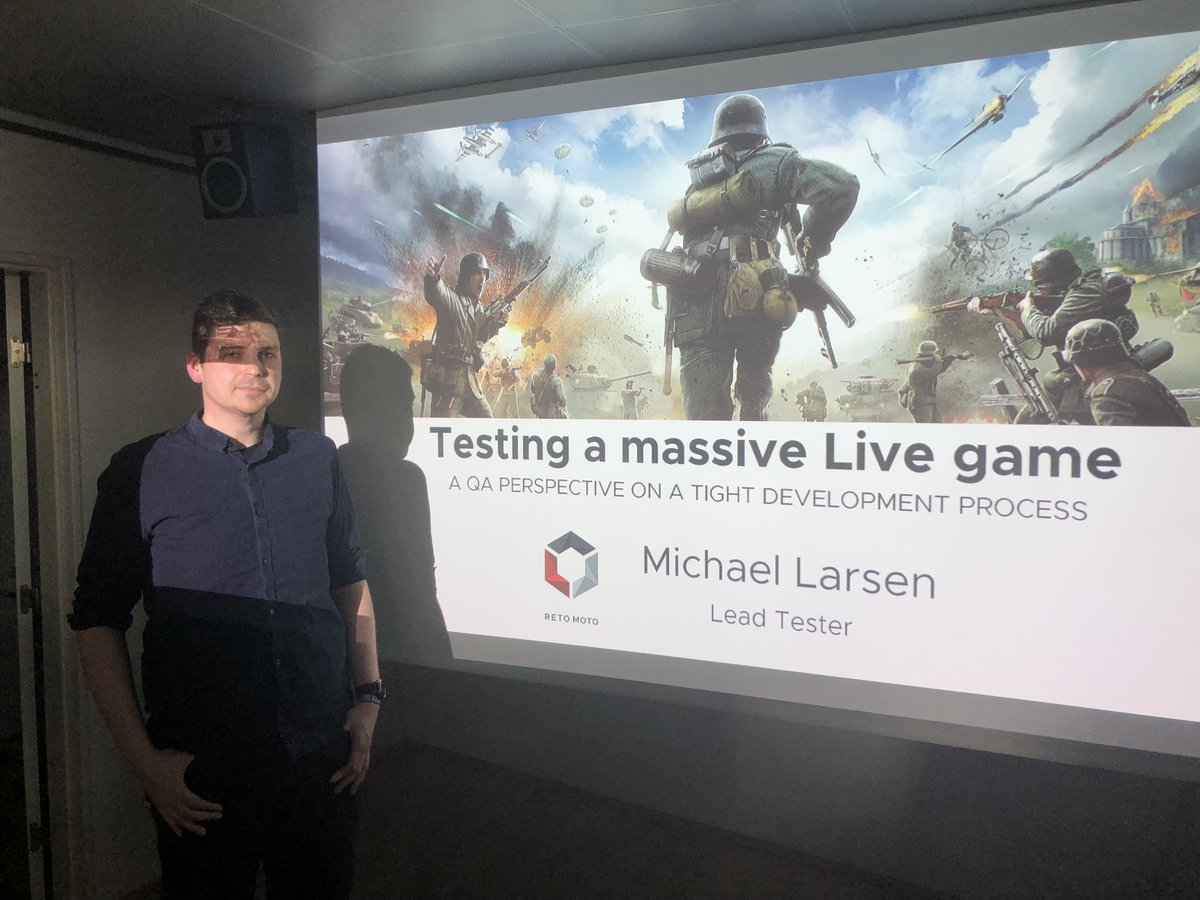 RetoMoto's tweet photo. Michael Larsen, Lead Tester at RETO MOTO, gave his very first talk at Games Week Denmark: “Testing a massive live game – a QA perspective on a tight development process.”
The talk was a was a great success and he drew a full crowd. #gwdk #dkgame https://t.co/OBJyHPNGGQ