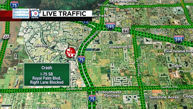 CRASH: I-75 SB & Royal Palm Blvd. A right lane is blocked. #TRAFFIC https://t.co/dmWhOm4XTT