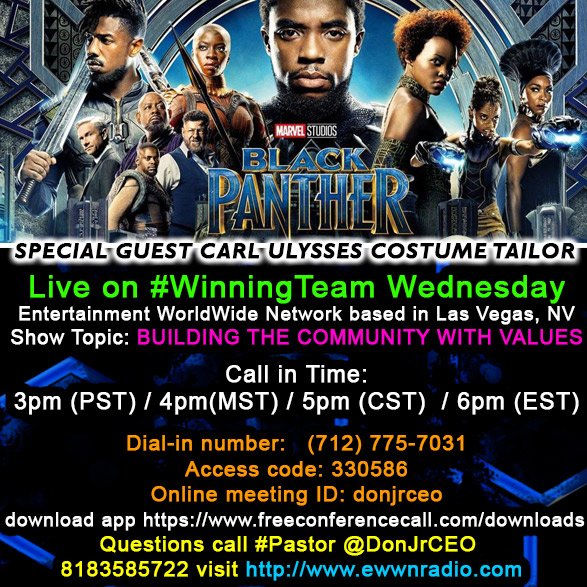 EWWNWinningTeam's tweet photo. Carl Ulysses #CostumeTailor  #BLACKPANTHER, #CaptainAmerica, #AllEyezOnMe
 call 3pm PST / 4pmMST / 5pmCDT / 6pmEST 📞 7127757031 PIN: 330586 Online Meet ID: donjrceo #downloadAPP2listen 💻 https://t.co/zHd7RDYHYB 📡 #Pastor @DonJrCEO @KeshaMsCEO #365DaysOfRadio #EWWNRADIO https://t.co/izowKJGHLu