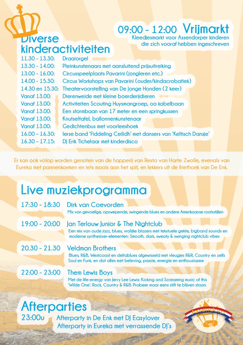 KoningsdagAdorp's tweet image. PROGRAMMA: Het is een prachtige dag om jullie op de hoogte te brengen van het programma.. hier is hij dan: het programma Koningsdag Assendorp 2018

Wij hebben er zin in! Jullie ook? 
Delen wordt gewaardeerd!

#koningsdag #zwolle #assendorp #assendorperplein #2018