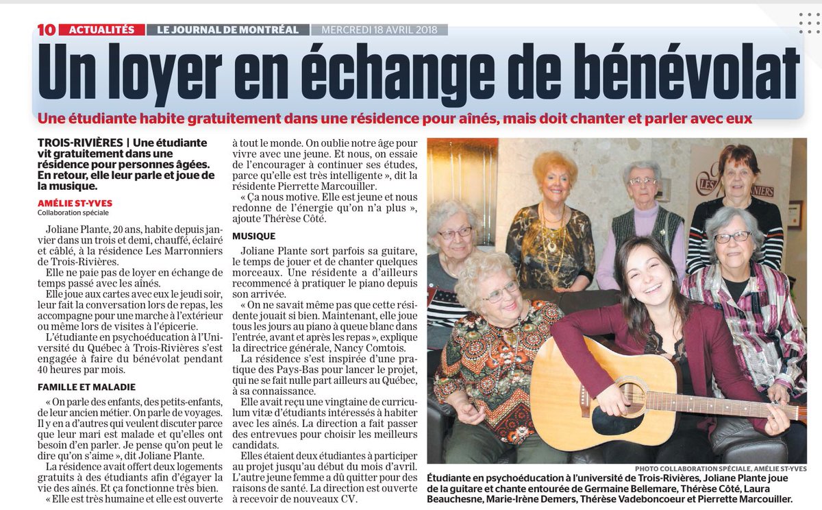 Marguerite_Bl's tweet photo. Quelle bonne idée! Une étudiante obtient son loyer gratuitement dans une résidence pour personnes âgées à Trois-Rivières. En retour elle chante, anime et converse avec les aînés. Liens intergénérationnels sains et souhaitables dans une société. Idée à dupliquer. #aînés #PolQc https://t.co/Vfs9EhJxMP