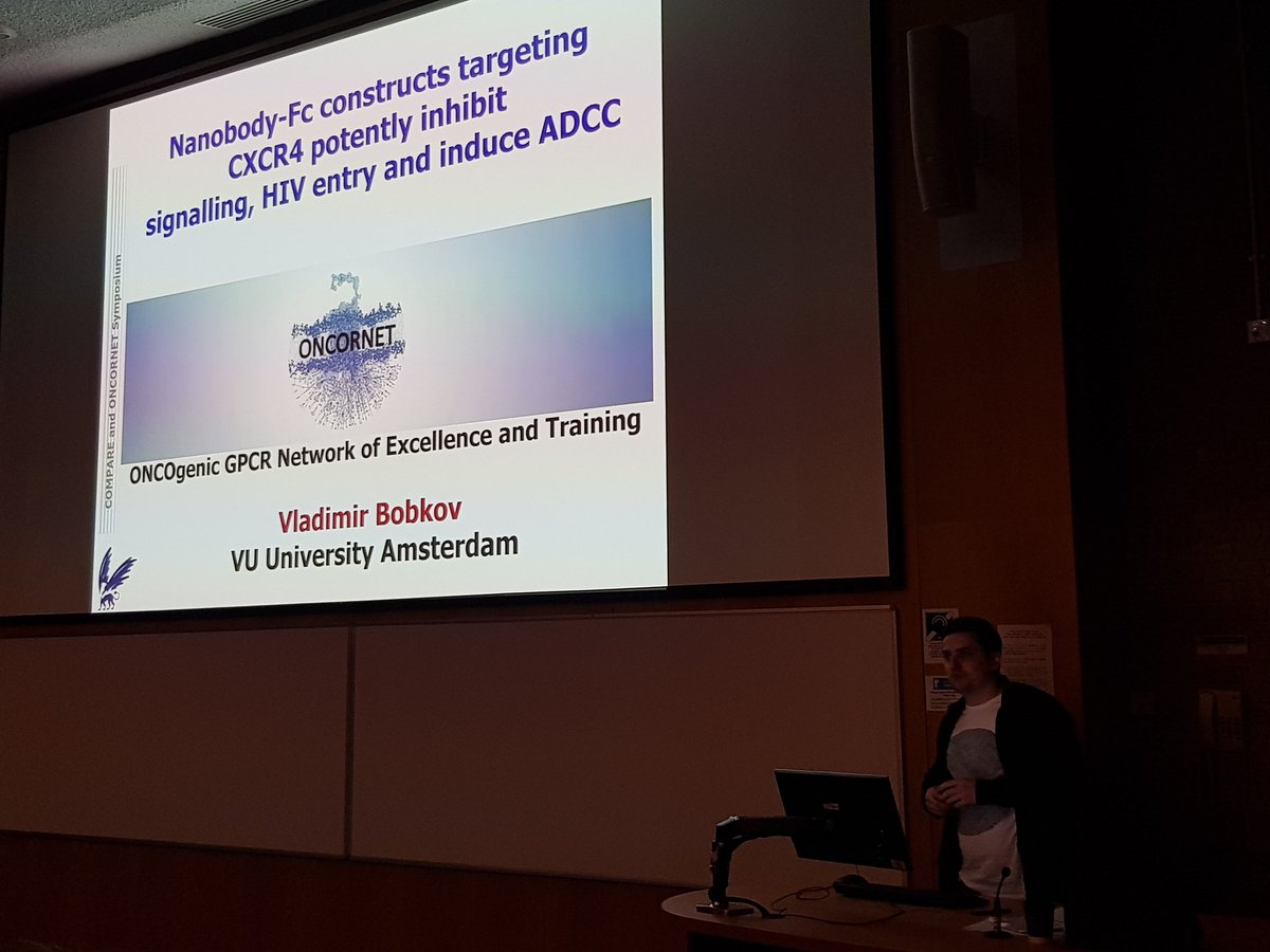 DrMarkSoave's tweet photo. #ECRTeamSci18 Now it's time for nanobodies! Vladimir Bobkov presenting his work using nanobodies and CXCR4. #ONCORNET https://t.co/LD6OW1vEOG