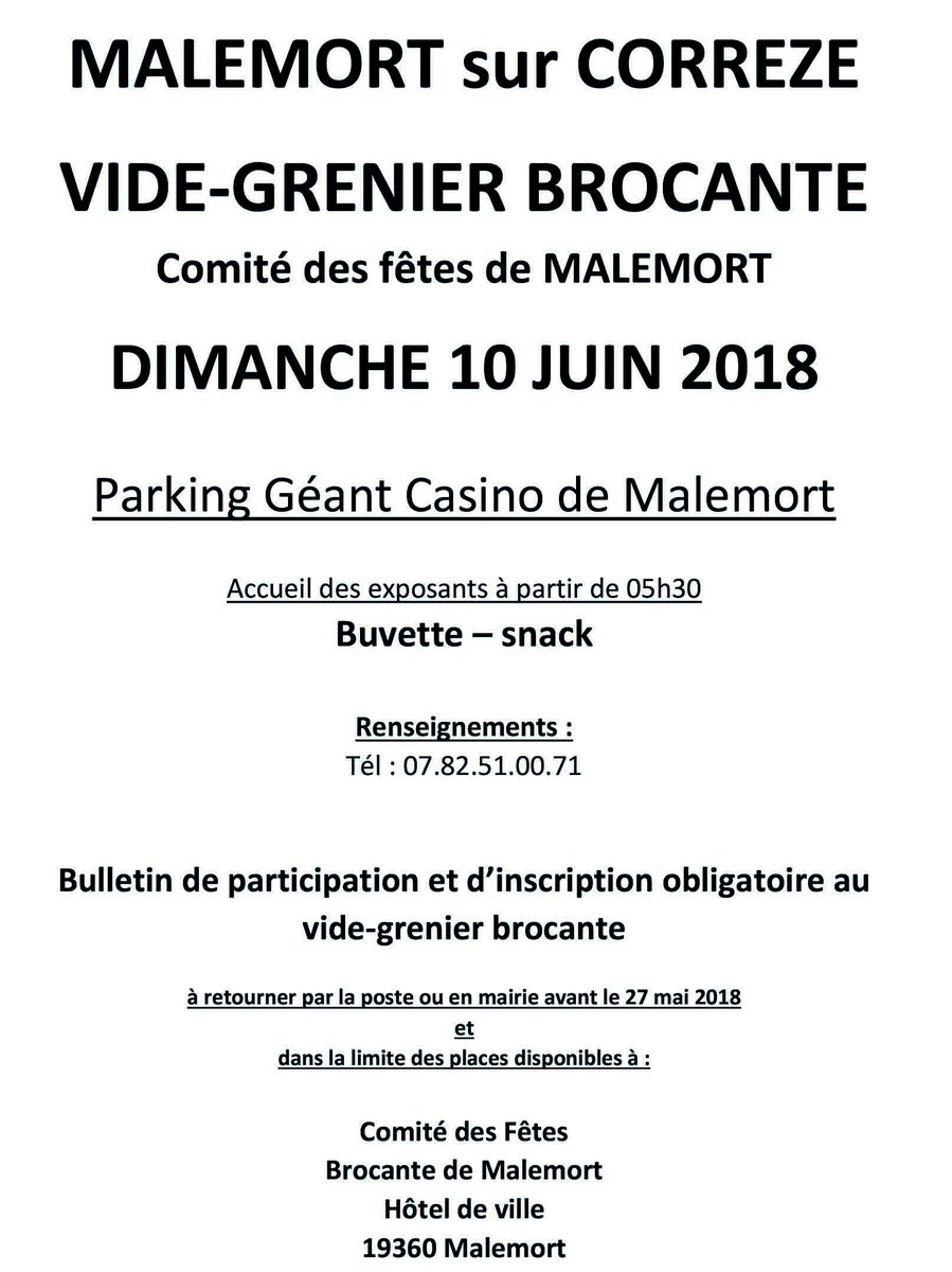 VilledeMalemort's tweet image. Vide-grenier du Comité des Fêtes : les inscriptions sont ouvertes !🛴📷📙👕
Le vide-grenier se tiendra dimanche 10 juin sur le parking de Géant à #Malemort.
Vous pouvez vous inscrire jusqu'au 27 mai en téléchargeant le bulletin  d'inscription ci-dessous
👉 communedemalemort.fr/fr/actualites/…