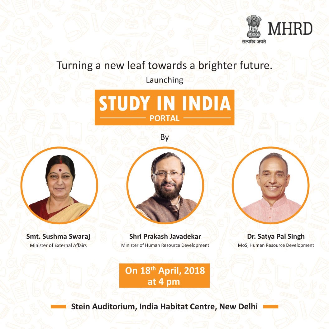 Union External Affairs Minister <a href="/SushmaSwaraj/">Sushma Swaraj</a> &amp; MoS(HE) <a href="/dr_satyapal/">Dr. Satya Pal Singh</a> will launch #StudyinIndia portal of <a href="/HRDMinistry/">The Students Circle ➐</a> at 4 pm today at Stein Auditorium, India Habitat Centre, New Delhi. <a href="/MEAIndia/">Randhir Jaiswal</a> #TransformingIndia #NewIndia