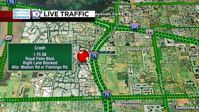 UPDATE/FATAL CRASH: I-75 SB & Royal Palm Blvd. A right lane is blocked. #TRAFFICALERT #TRAFFIC https://t.co/rgnnwJjxcQ