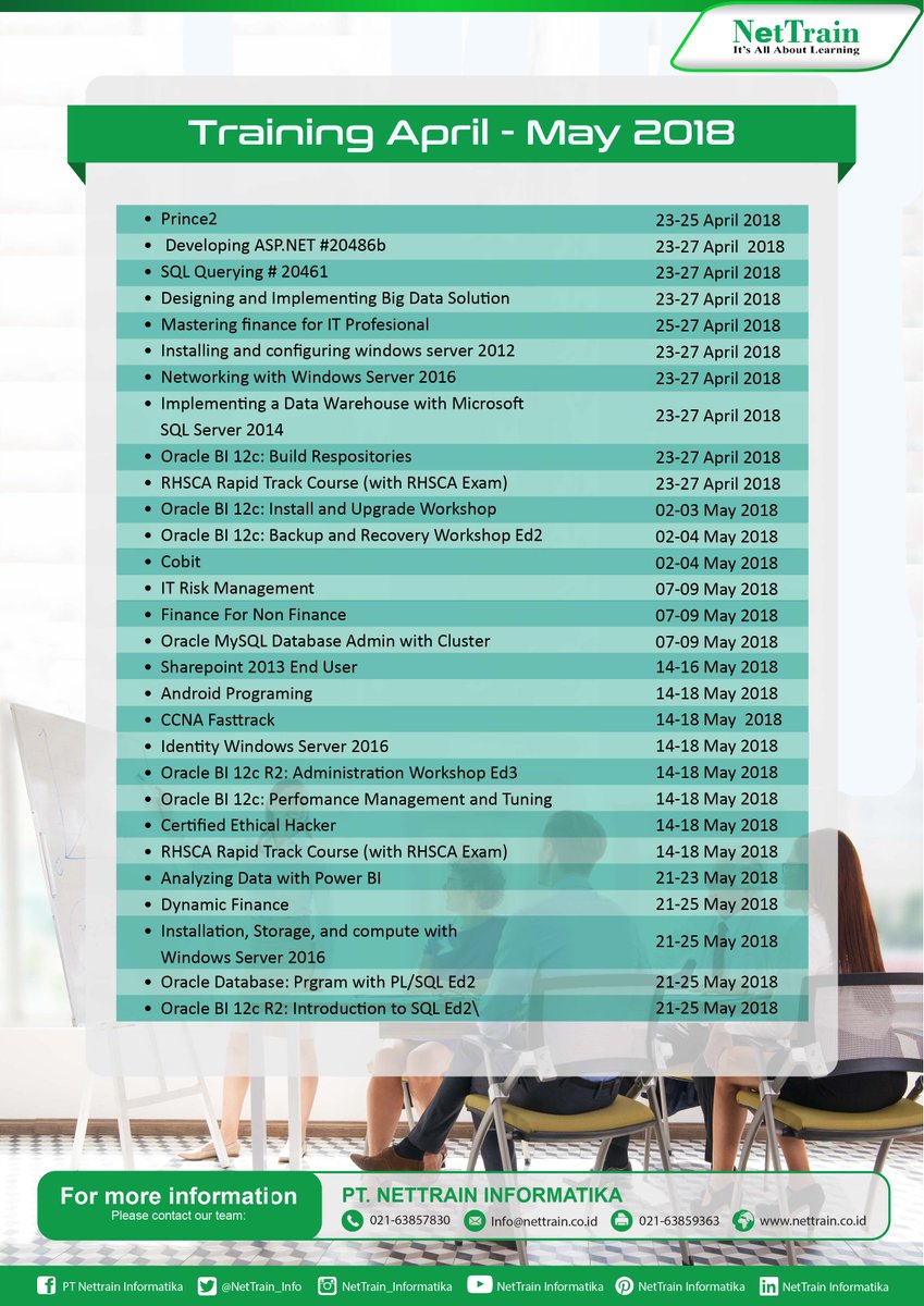 NetTrain_Info's tweet image. Schedule Training NetTrain May-June 2018.
#Prince2 #ASP.NET #SQLQuerying #BigDataSolution #Finance #WindowsServer2012 #WindowsServer2016 #Oracle #Cobit #AnalyzingData #DynamicFinance