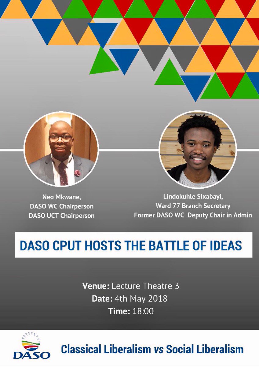 DASOCPUT's tweet photo. DASO CPUT is delighted to announce that we will be hosting a first of its kind debate, aimed at engaging with students and dispelling the myth which have for many years characterised liberalism. We want to hear your views so please join us.
CPUT D6(Cape town) campus https://t.co/tBnc5e1Noo