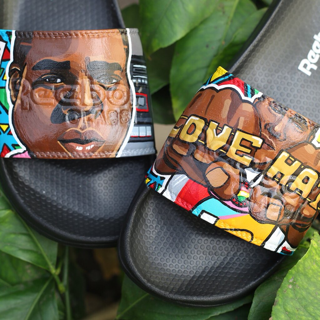 AfroKickz_'s tweet photo. Custom order for a lover of @SpikeLee Do The Right Thing. Using @AngelusDirect paint as always #customsliders #angelusdirect https://t.co/zNnzpClVKm