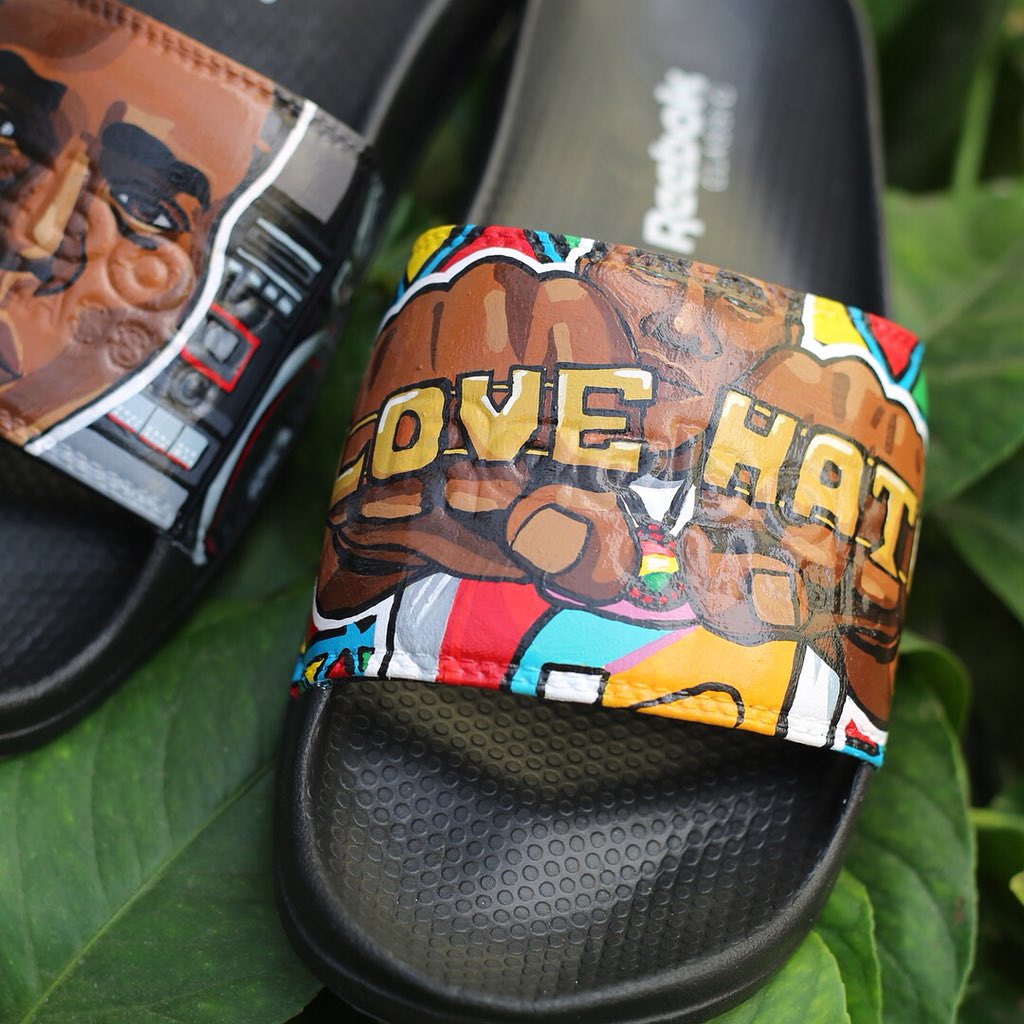 AfroKickz_'s tweet photo. Custom order for a lover of @SpikeLee Do The Right Thing. Using @AngelusDirect paint as always #customsliders #angelusdirect https://t.co/zNnzpClVKm
