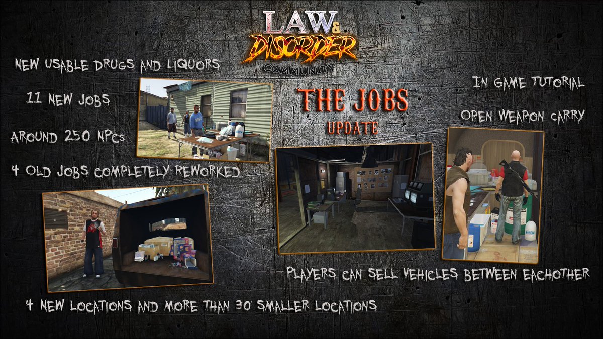 LawNDisorder5M's tweet photo. We're proud to present "The Jobs" update. Look below for few details of what's new. It's by far our biggest update
#GTAV #GTARP #GrandTheftAuto #BIKERS #LosSantos #GTAcommunity #lifeofbiker #harleys #riding #brotherhood #RP #Outlaws
Links in Bio
Instagram: @lawanddisorder5mserver https://t.co/Qe9YzsKTXg