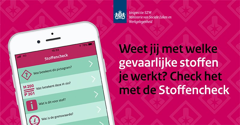 NLA_Inspectie's tweet photo. Gevaarlijke stoffen zijn de grootste ziekmaker op de werkplek. De Stoffencheck app geeft informatie over het werken met bepaalde stoffen: wat de risico’s zijn, of je er ziek van kunt worden en welke maatregelen nodig zijn om veilig te werken. Kijk op https://t.co/kGhsZeHdtx https://t.co/6pfoakhz6q