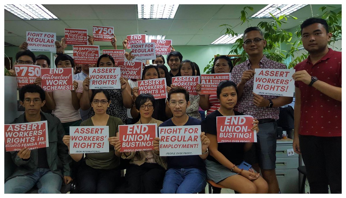 IbonInternatl's tweet photo. With #LabourDay just around the corner, we stand w/ the struggle of workers of Coca-Cola FEMSA Phils. Inc. in asserting their rights to regular employment, &amp; all the world's workers resisting attacks on #WorkersRights

#CokeWorkersUnite #EndContractualisation #EndUnionBusting https://t.co/sxpbxiB5D9