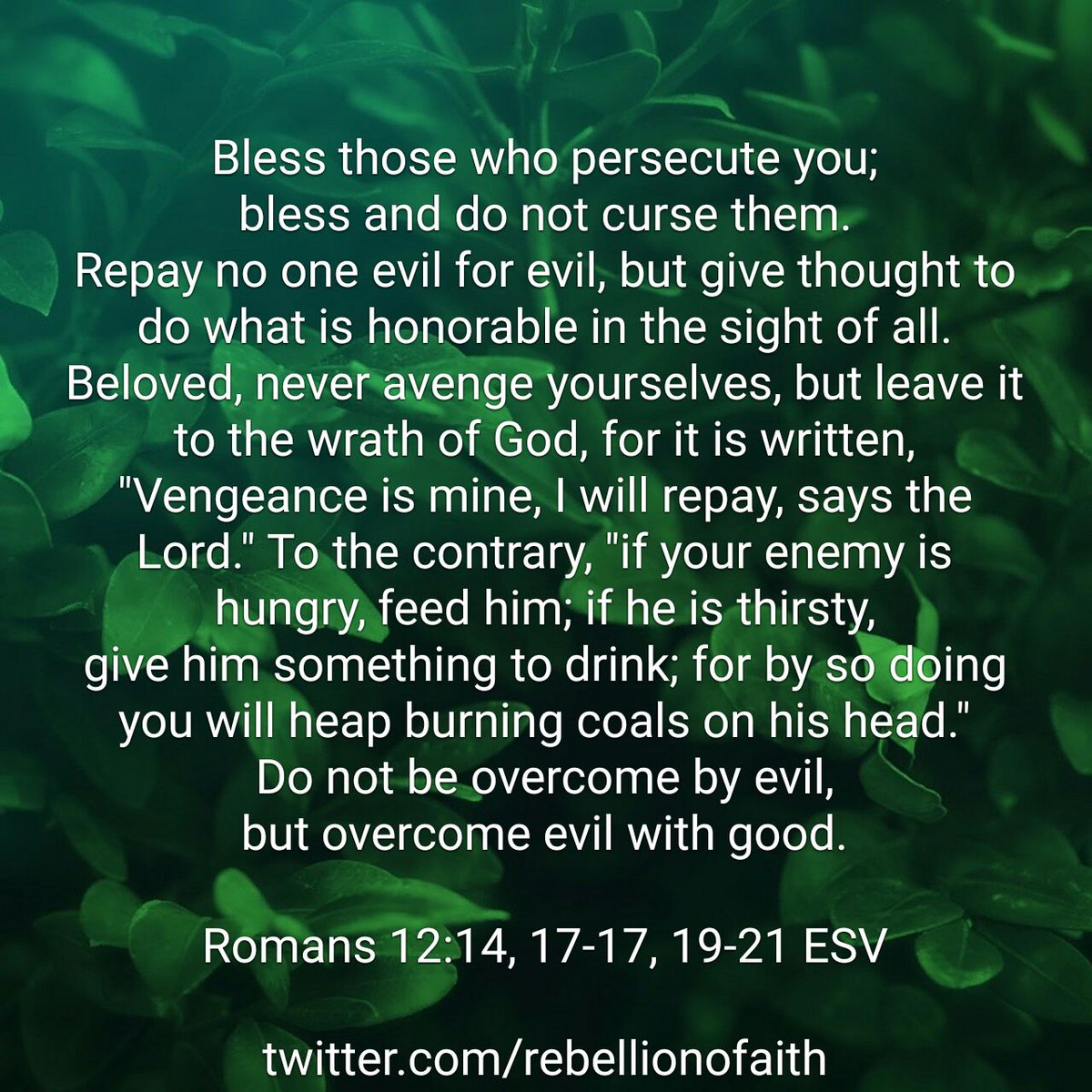 RebellionOFaith's tweet photo. #Bless those who #persecute you; bless and do not #curse them. #Repay no one #EvilForEvil... "if your #enemy is hungry, feed him; if he is thirsty, give him something to drink..." Do not be #overcome by evil, but #OvercomeEvil with #good.
https://t.co/W8j1nnVmPr https://t.co/EqFhiX438U