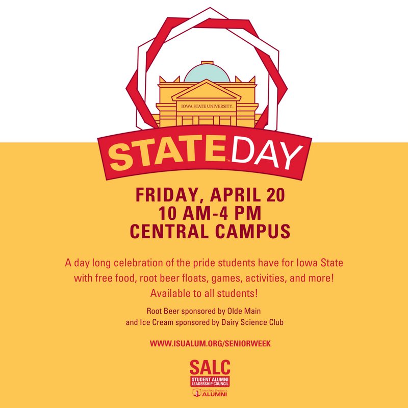 SALC is hosting the first annual State Day this Friday from 10am-4pm! Come out to central campus to celebrate your Iowa State pride with free food, games, and more!