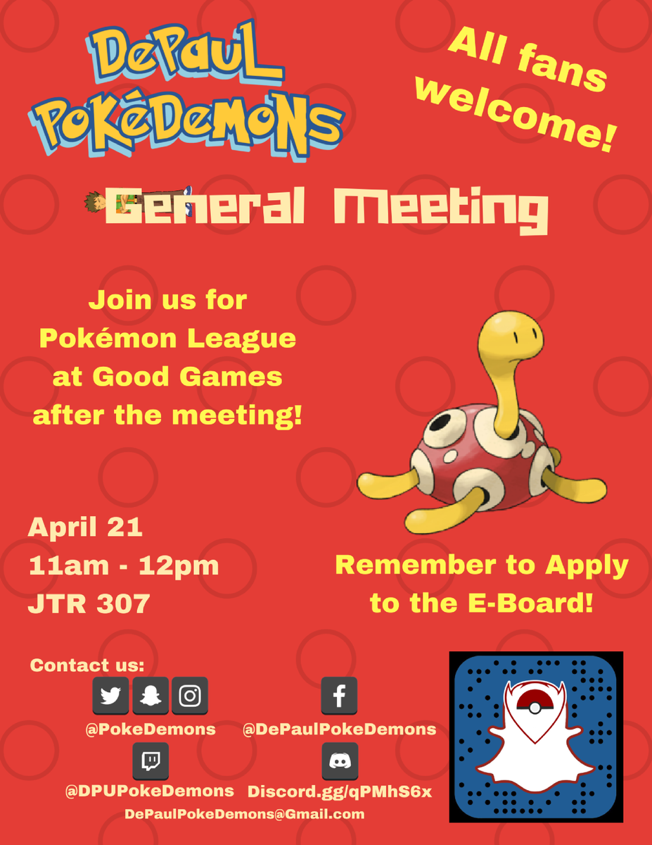 PokeDemons's tweet photo. Hey #PokéDemons!
Our third GM of the quarter will be this Saturday, Apr 21 from 11am-12pm! After the meeting, from 1-4pm, we will head over to @GGsChicago for #PokemonLeague!
Join the event here: https://t.co/Dln8dpQjqT
#Pokemon #DePaul #VG2018 #TCG https://t.co/TNgvpoz6qM