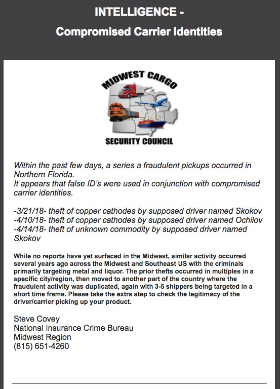 BOLO ALERT - Compromised Carrier Identities