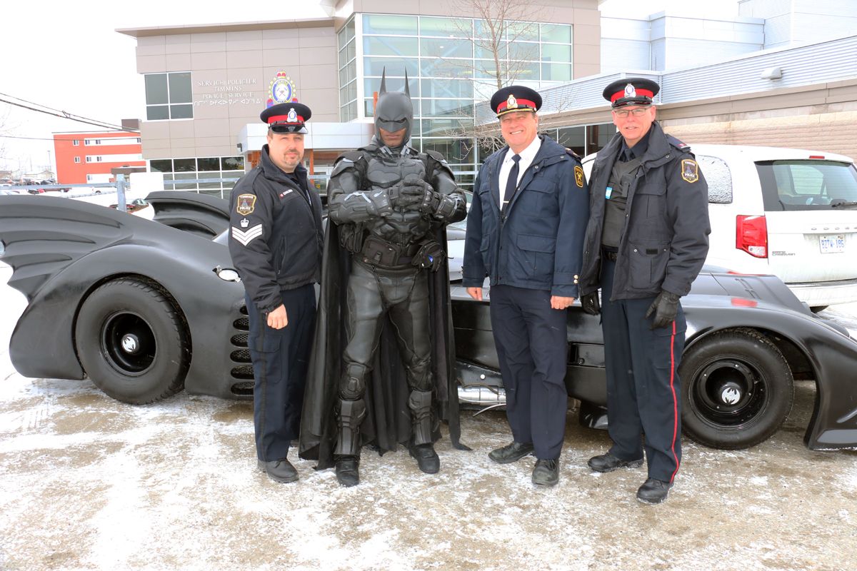 TimminsPolice's tweet photo. As part of the local “Comic-con Timmins” activities, Timmins Police was visited by a crime fighter from Gothan City.
TPS members were allowed an “up close and personal” look at the “Batmobile”
The Dark Knight hopes all Timmins Police officers &amp; civilians have a productive shift. https://t.co/zxtcnuTTWF