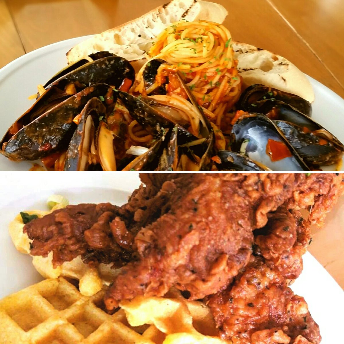 This week at the #saintjohnmarina, we're featuring our classic Chicken &amp; Waffles for #lunch (15.00) and Mussels Spaghettini (20.00) for #dinner! #saintawesome  #saintjohn