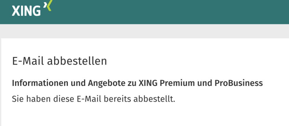 AnjaHarsch's tweet photo. Liebe Leute von @XING. Ich möchte eure nie erwünschten Werbe-Newsletter abbestellen und ihr gebt mir dazu keine Chance. Und jetzt? #spamnervt #ichwillkeinpremiumabo #xing https://t.co/ON1suekzoo
