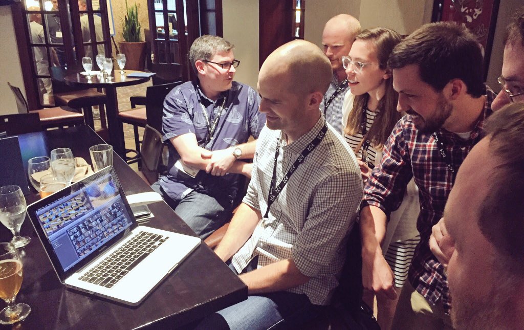 SolomonRDavid's tweet photo. Nerding out! During a break @AmFisheriesSoc #AFS146, these fisheries scientists watch a video on implanting a radio-transmitter into a Longnose Gar. Can you ID members of this motley crew? https://t.co/nmpgs5kOp8