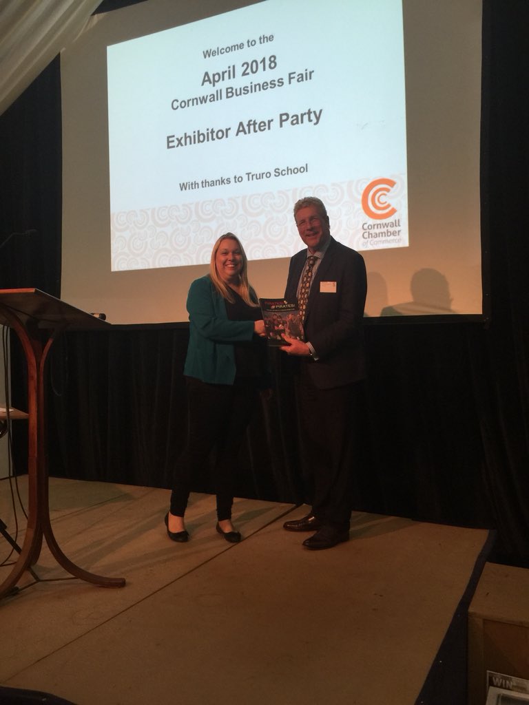 cornwallchamber's tweet photo. The winners of our #high tea prize draw were @IanHPz; Mark Picken @mapc and @The_Cornwall - here lovely Jenny accepts her prize from @KimConchie1 #CBFair2018 #winners #whataday https://t.co/5v2ilT6iEM