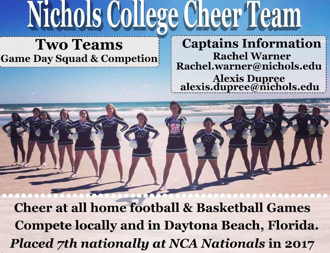 Anyone interested in joining the Nichols Cheerleading Team there will be an info session Wed April 25 in Fels 323 @ 1:30. We hope to see you all there!!! 🎀