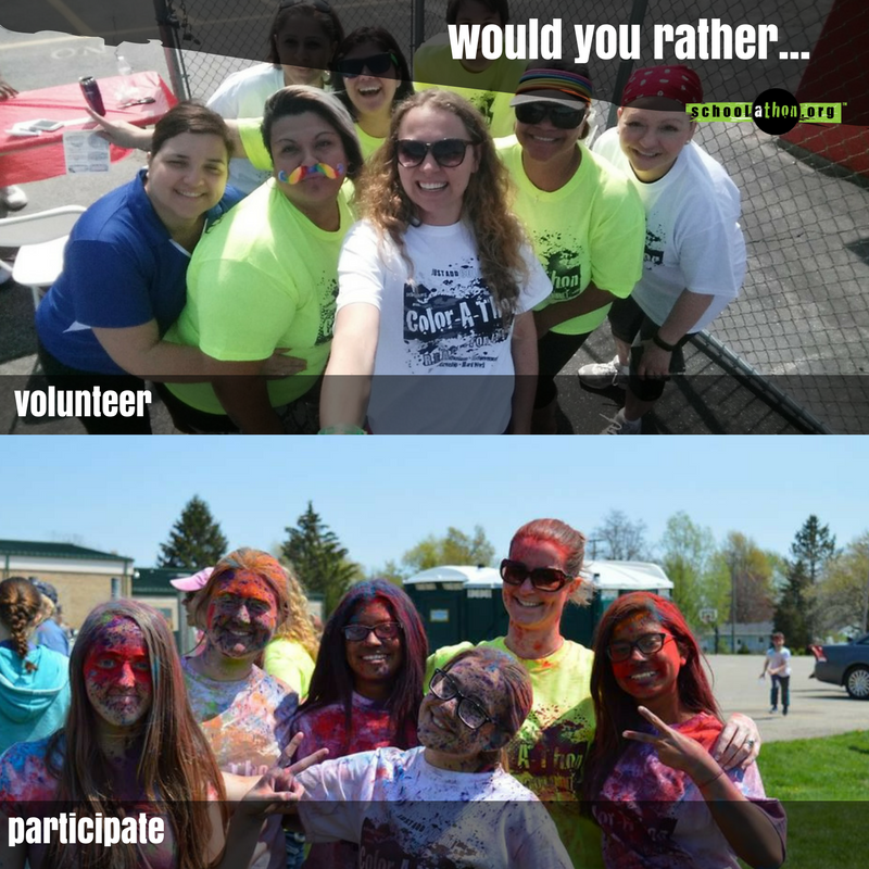 SchoolAThon's tweet photo. There's really no wrong answer...Would you rather hop skip and dash through clouds of color dust or be an all-out rock-star for your school's event? https://t.co/iNv3lJQl5B