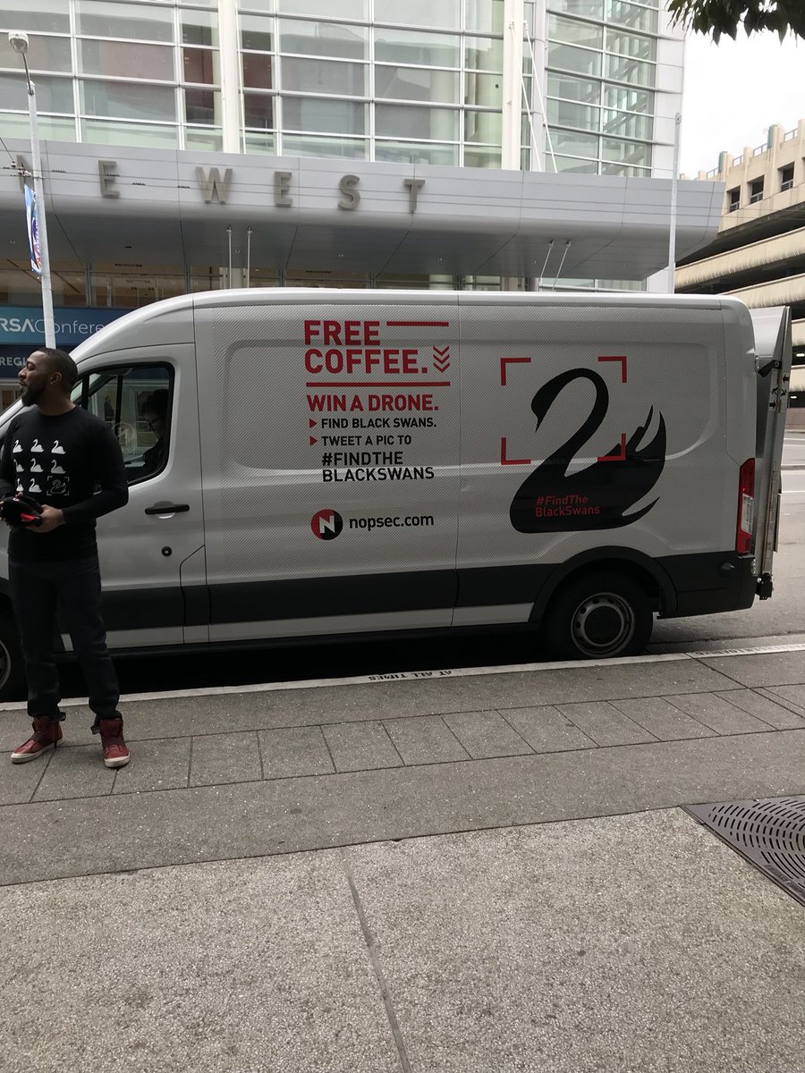 nopsec's tweet photo. Are you at #RSAC2018 ? Join @nopsec and win a drone! Here are 3 simple steps you might want to follow ;) #FindTheBlackSwans #RSAC #NopSec C'mon and join us! Free coffees are available at our Black Swan Van! https://t.co/46Jde1UY0Z