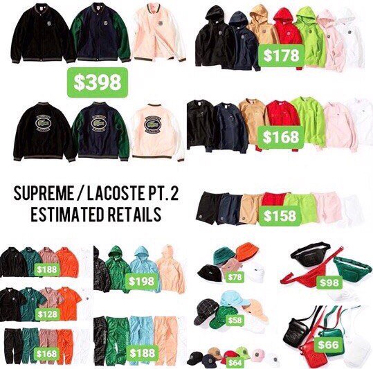 supremehotbot's tweet photo. Supreme x Lacoste Estimated Prices 🐊 https://t.co/mJcmf5L2zJ