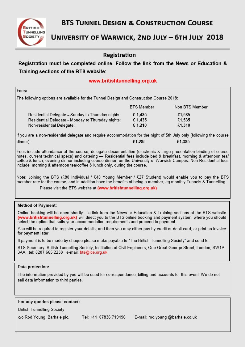 Are you a young tunneller, looking for a great training opportunity to invest your 2018 training budget on? Then the <a href="/BTS_Tunnelling/">BTS</a> Design and Construction Course at <a href="/warwickuni/">University of Warwick</a>, from 2nd to 6th July is the answer for you!!! britishtunnelling.org.uk/shopping/produ…